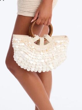 Fashion Nova Cream Sequin Tote with Wooden Handles